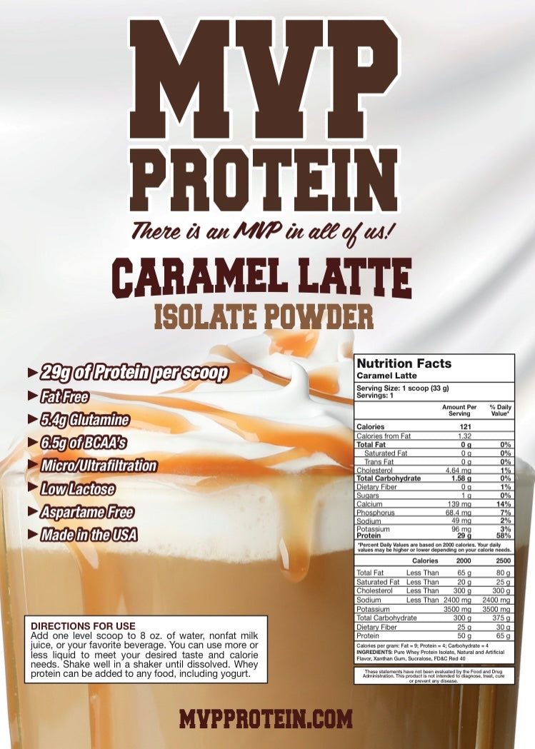 "MVP PROTEIN"  "CARAMEL LATTE” Whey Isolate Protein Powder