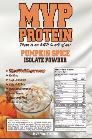 "MVP PROTEIN"  "Pumpkin Spice” Whey Isolate Protein Powder