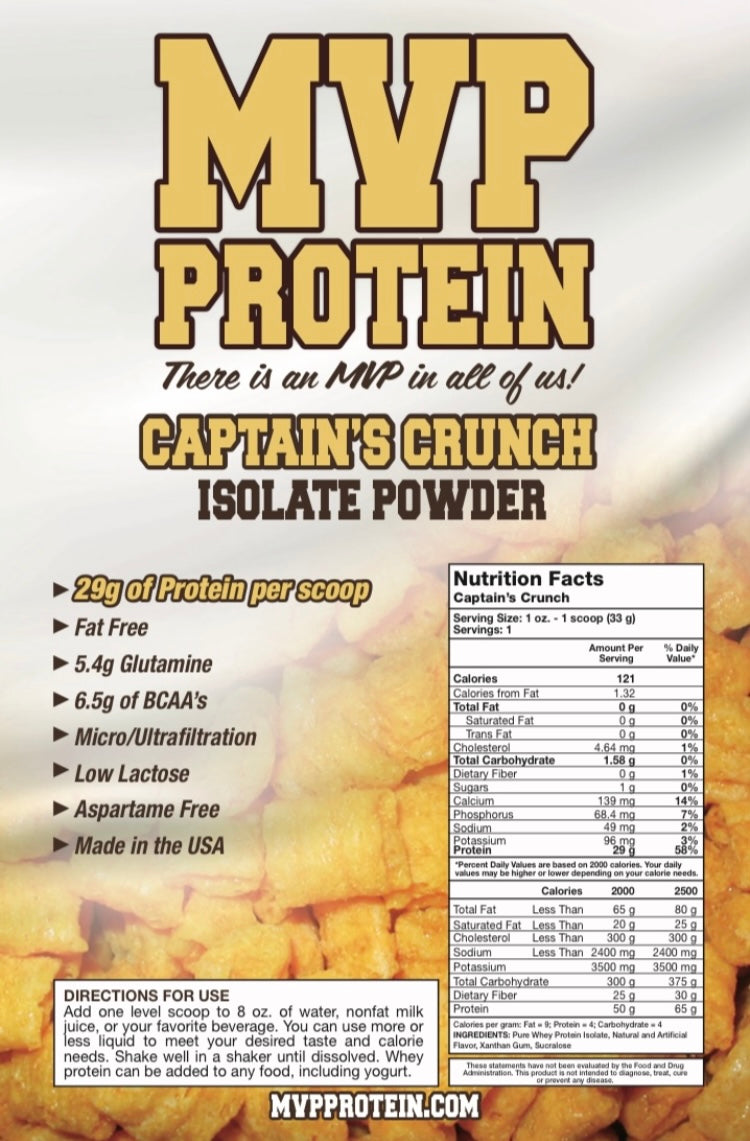 "MVP PROTEIN"  "CAPTAIN'S CRUNCH" Whey Isolate Protein Powder