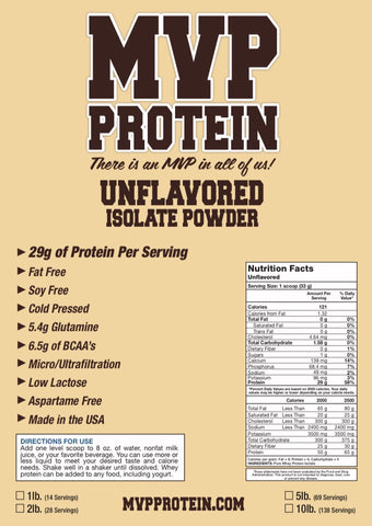 “MVP PROTEIN” “UNFLAVORED” Whey Isolate Protein Powder